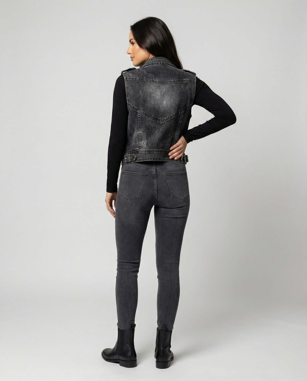 Dark Wash Denim Biker Gilet with Adjustable Waist Belt