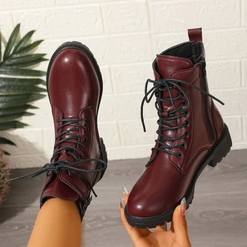 Women's Ankle Boots | Leather-Look, Side Lace Detail, Zip Closure, Wine Red 1