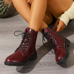 Women's Ankle Boots | Leather-Look, Side Lace Detail, Zip Closure, Wine Red 2