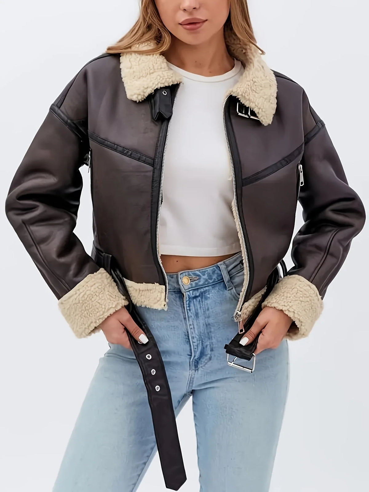 Women's Aviator Jacket | Belted Waist, Statement Collar, Relaxed Fit 0