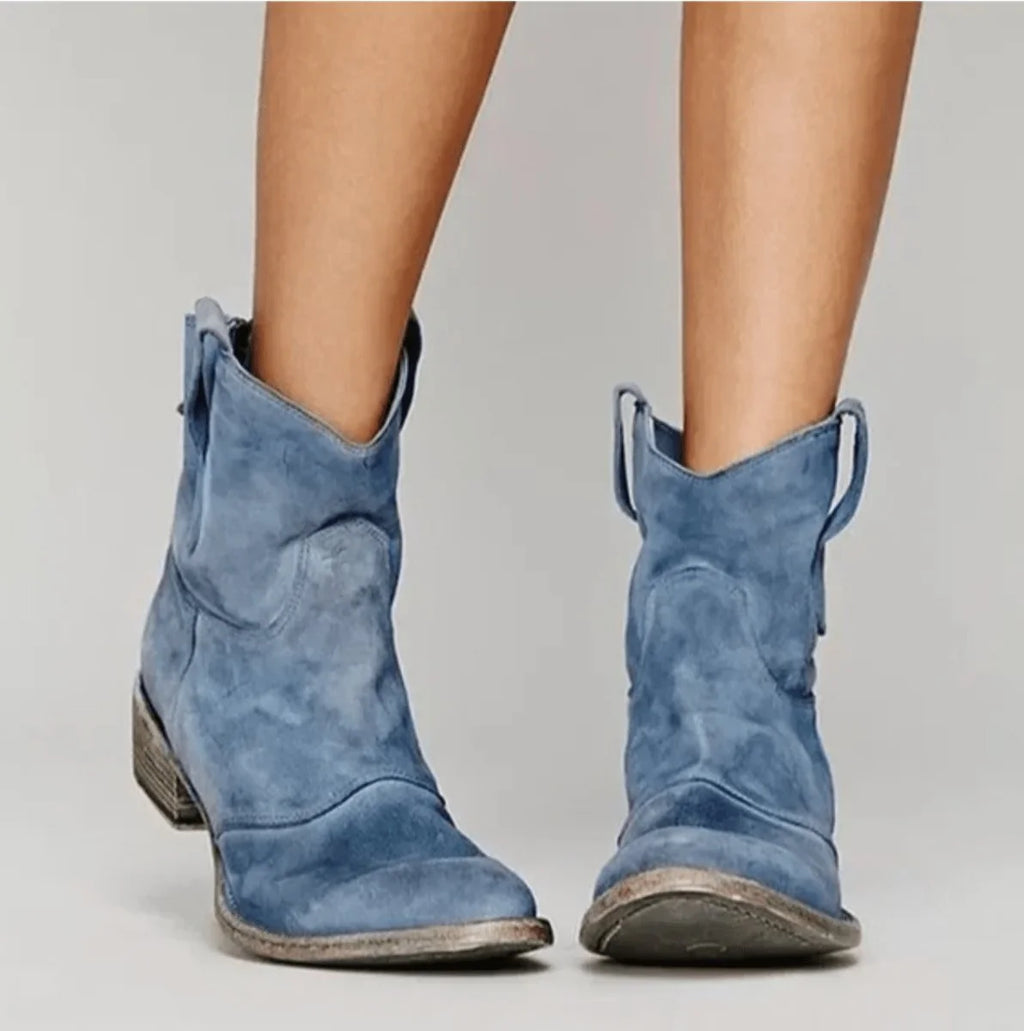 Women's Black Ankle Boots | Suede Western Style, Flat Block Heel 0