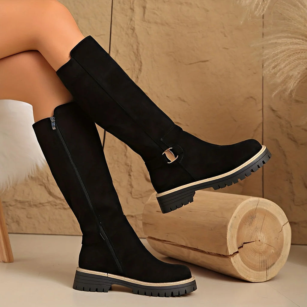 Women's Black Knee High Boots | Suede-Style, Buckle Detail, Flat Lug Sole 0