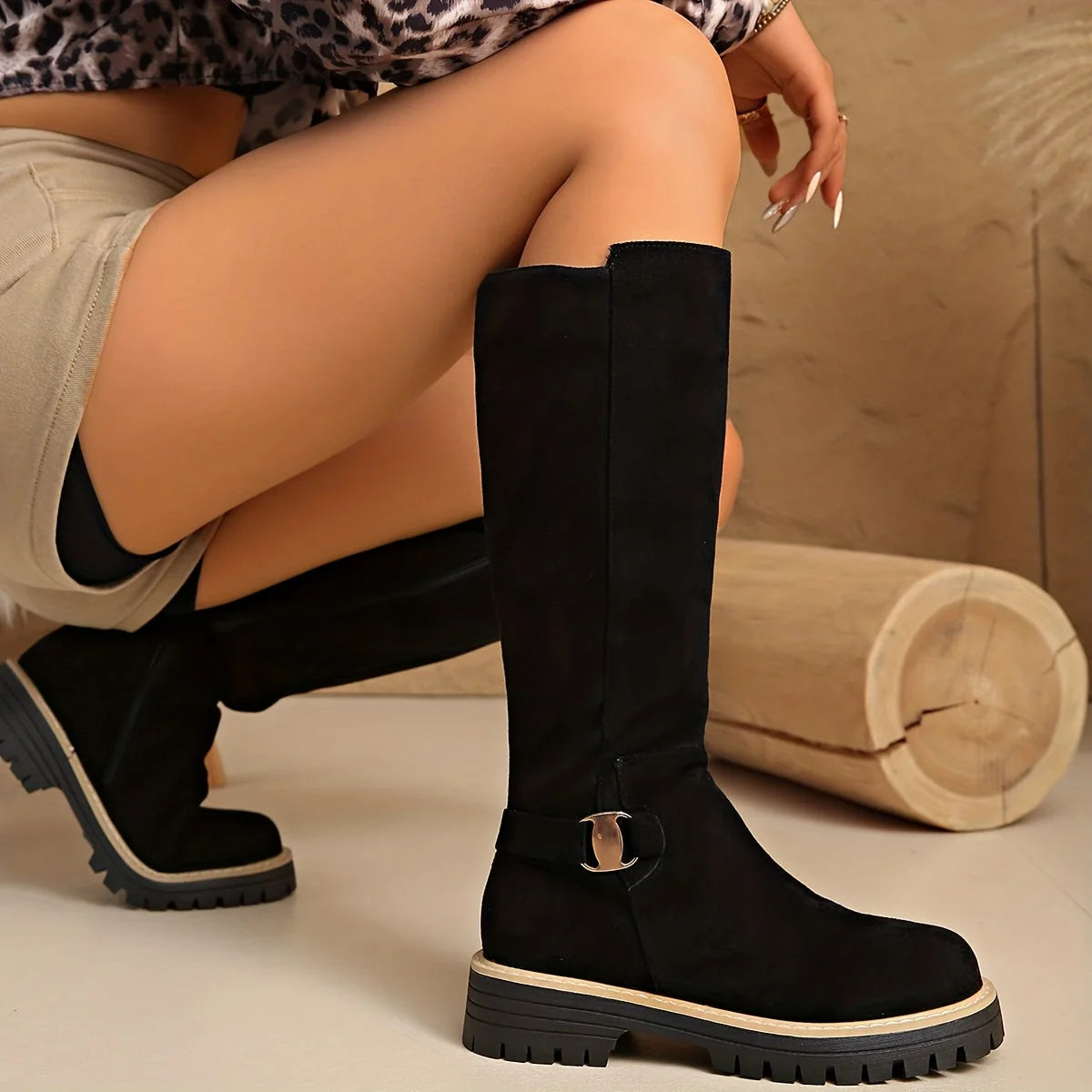 Women's Black Knee High Boots | Suede-Style, Buckle Detail, Flat Lug Sole 1