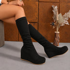 Women's Black Knee High Boots | Suede-Style, Wedge Heel, Casual Comfort 6