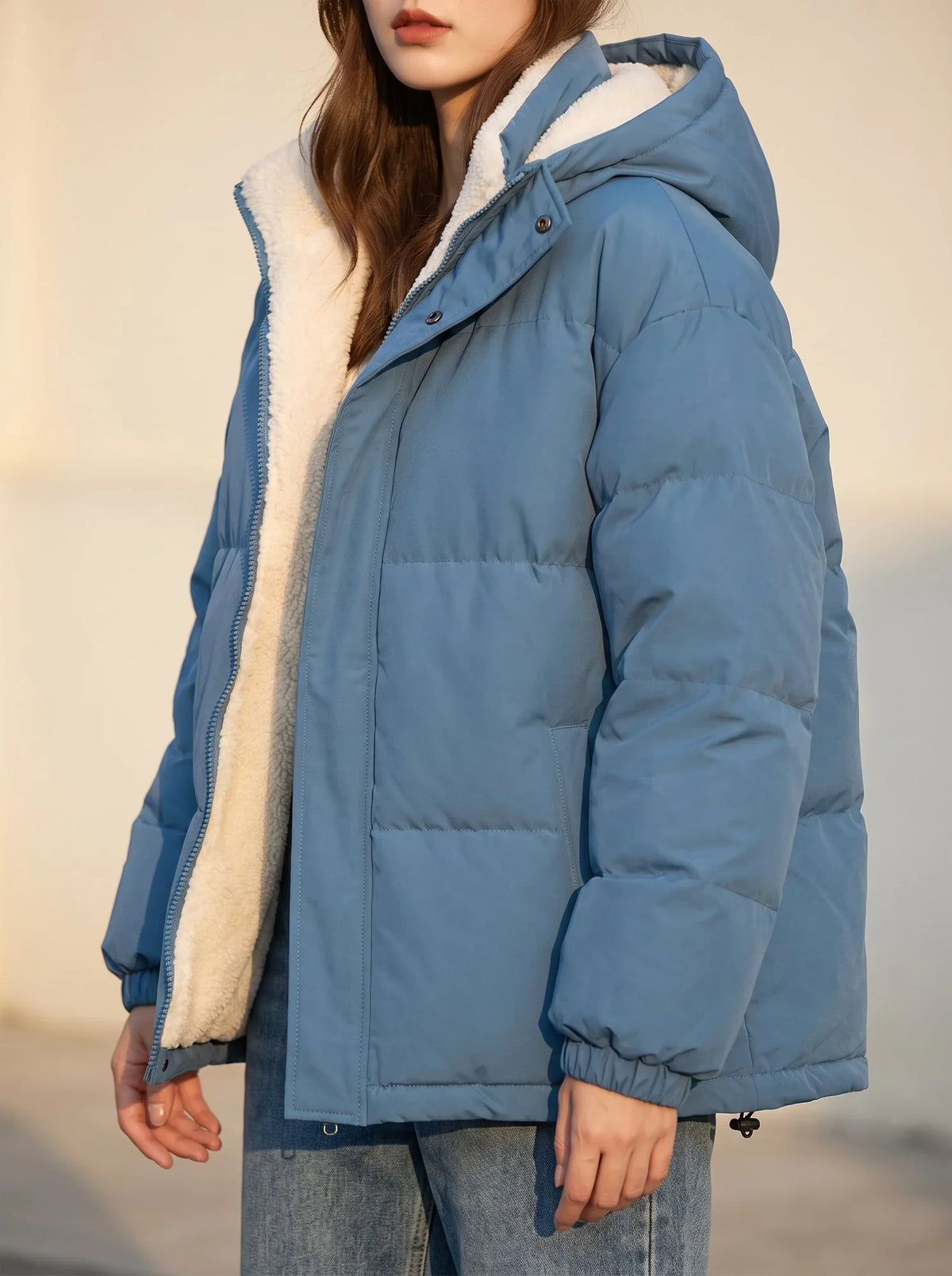 Women's Black Puffer Jacket | Fleece Lined, Boxy Fit, Adjustable Hem 11