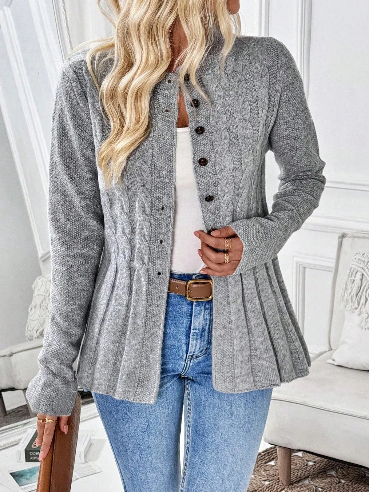 Women's Cable-Knit Cardigan | Fitted Peplum, Round Neckline, Button Front 0