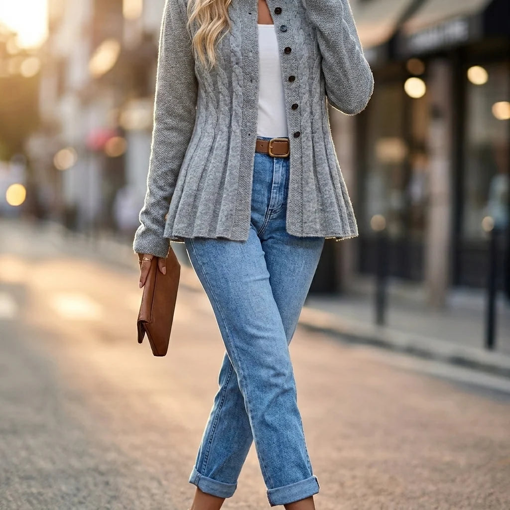Women's Cable-Knit Cardigan | Fitted Peplum, Round Neckline, Button Front 2