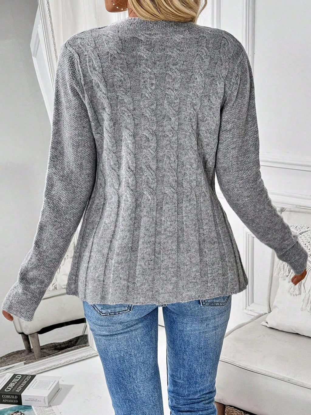 Women's Cable-Knit Cardigan | Fitted Peplum, Round Neckline, Button Front 3