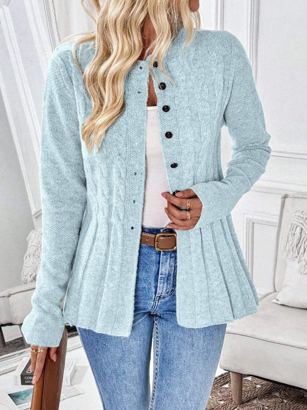 Women's Cable-Knit Cardigan | Fitted Peplum, Round Neckline, Button Front 7