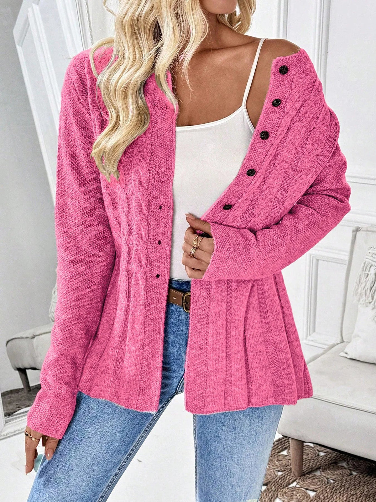 Women's Cable-Knit Cardigan | Fitted Peplum, Round Neckline, Button Front 8