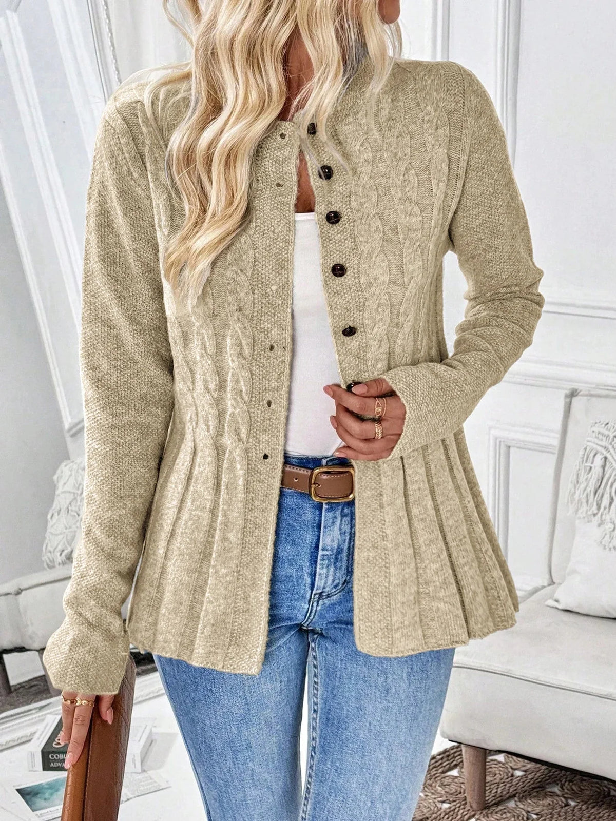 Women's Cable-Knit Cardigan | Fitted Peplum, Round Neckline, Button Front 9
