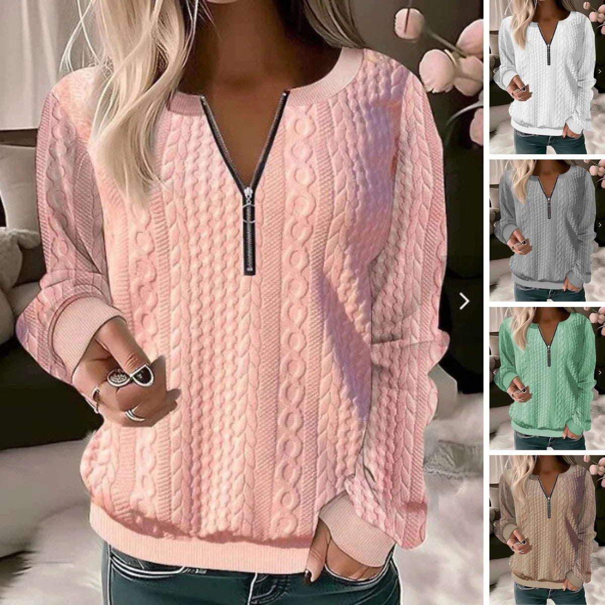 Women's Cable Knit Jumper | Half-Zip, Long Sleeve, Relaxed Fit 6