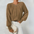 Women's Cable Knit Sweater | Puff Sleeves, Round Neck, Relaxed Fit 0