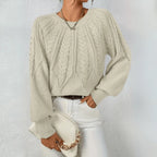 Women's Cable Knit Sweater | Puff Sleeves, Round Neck, Relaxed Fit 1
