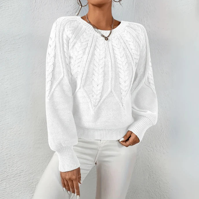 Women's Cable Knit Sweater | Puff Sleeves, Round Neck, Relaxed Fit 2