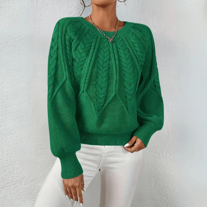Women's Cable Knit Sweater | Puff Sleeves, Round Neck, Relaxed Fit 5