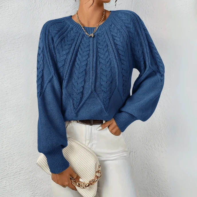 Women's Cable Knit Sweater | Puff Sleeves, Round Neck, Relaxed Fit 6