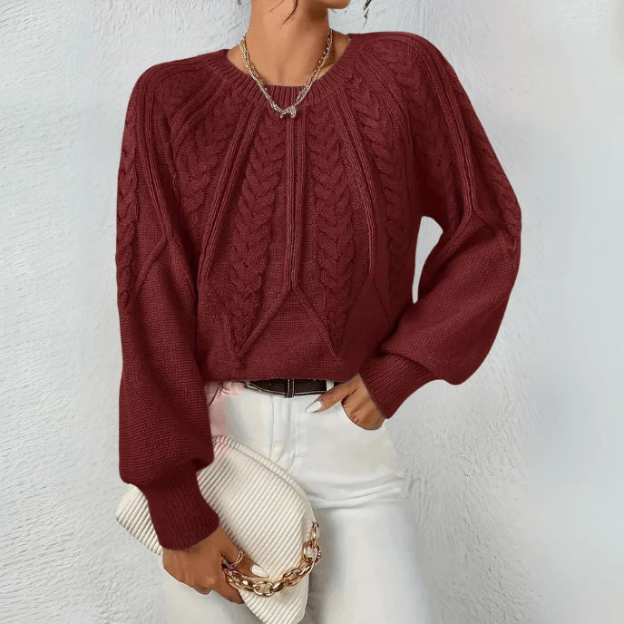 Women's Cable Knit Sweater | Puff Sleeves, Round Neck, Relaxed Fit 7