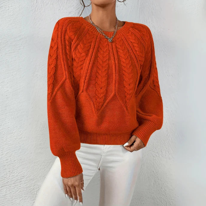 Women's Cable Knit Sweater | Puff Sleeves, Round Neck, Relaxed Fit 8