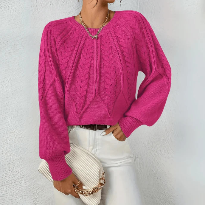 Women's Cable Knit Sweater | Puff Sleeves, Round Neck, Relaxed Fit 9