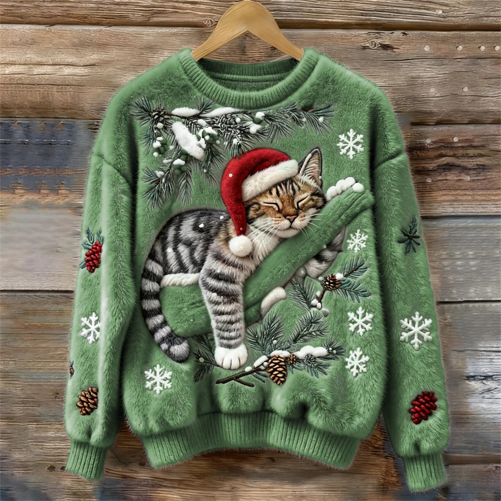 Women's Christmas Jumper | Festive Cat Print, Crew Neck, Ribbed Trim 6
