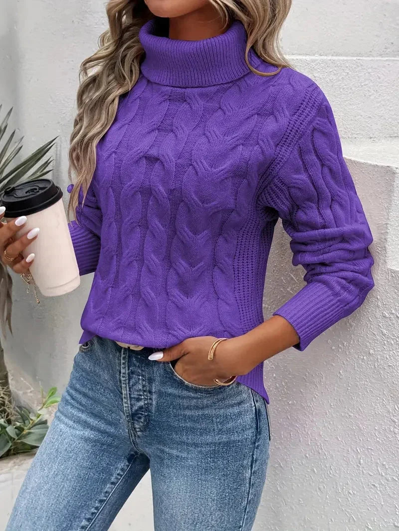 Women's Chunky Cable Knit Sweater | Turtleneck, Relaxed Fit, Side Slits 0
