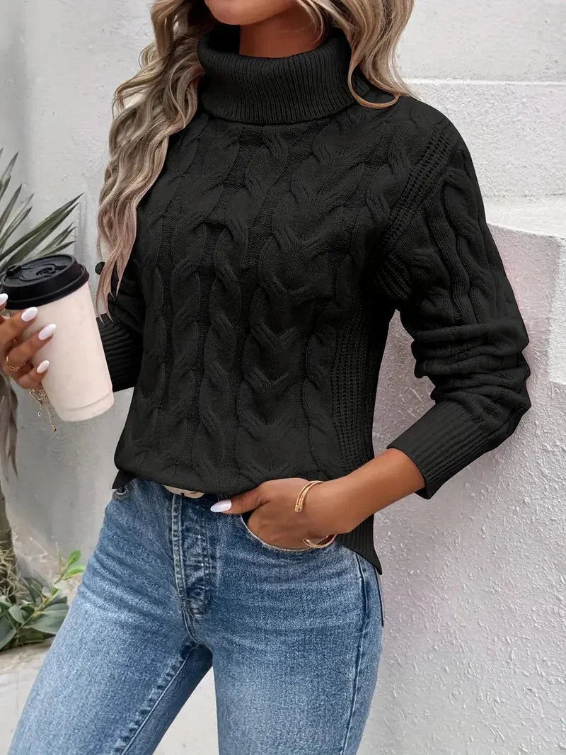 Women's Chunky Cable Knit Sweater | Turtleneck, Relaxed Fit, Side Slits 2