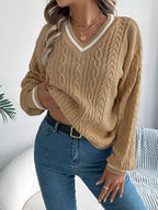 Women's Chunky Knit Cardigan | Relaxed Fit, V-Neck, Contrast Edging 5