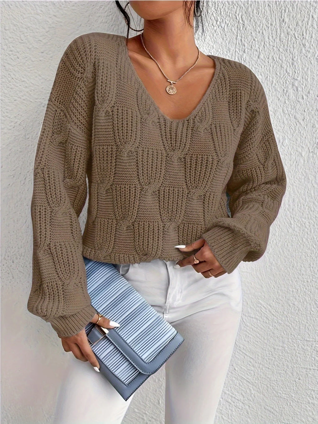 Women's Chunky Knit Jumper | Cable Knit, V-Neck, Puff Sleeves, Relaxed Fit 3