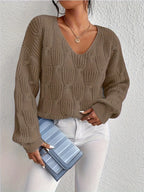 Women's Chunky Knit Jumper | Cable Knit, V-Neck, Puff Sleeves, Relaxed Fit 3