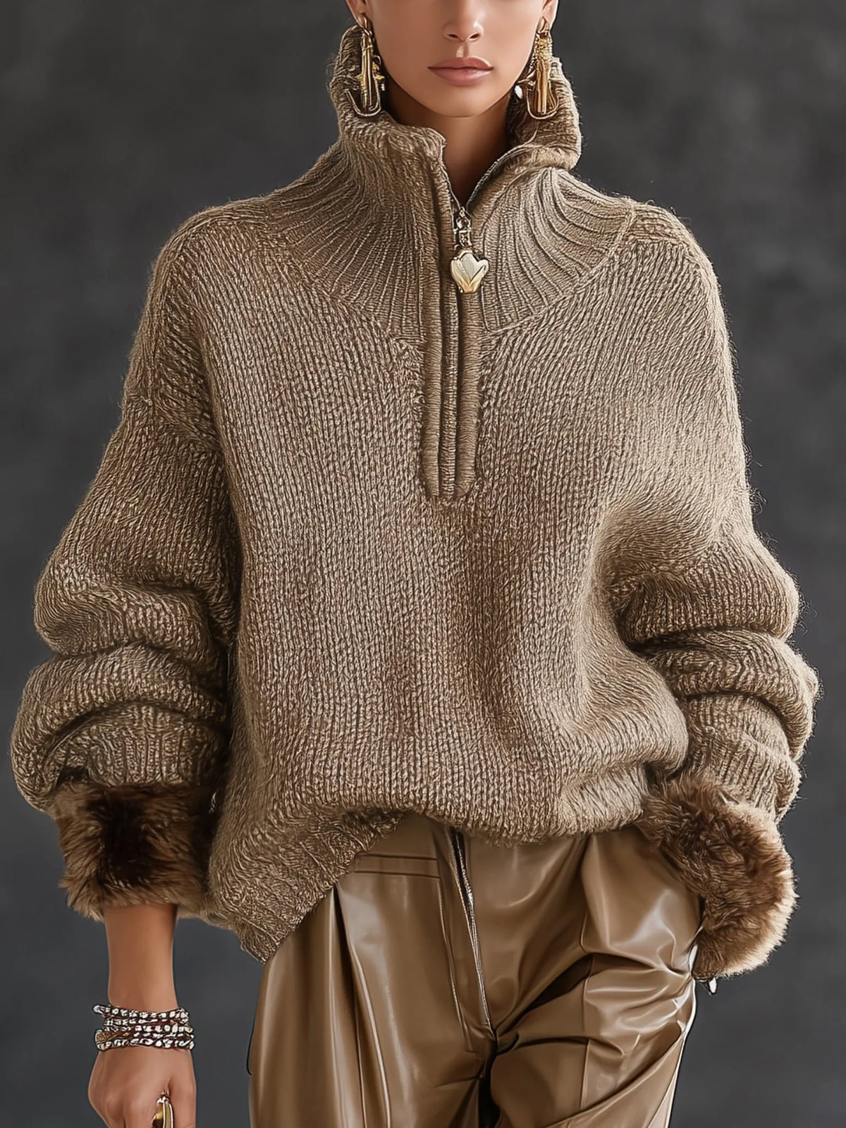 Women's Chunky Knit Jumper | Half-Zip Design, Faux Fur Cuffs, Cozy Warmth 0