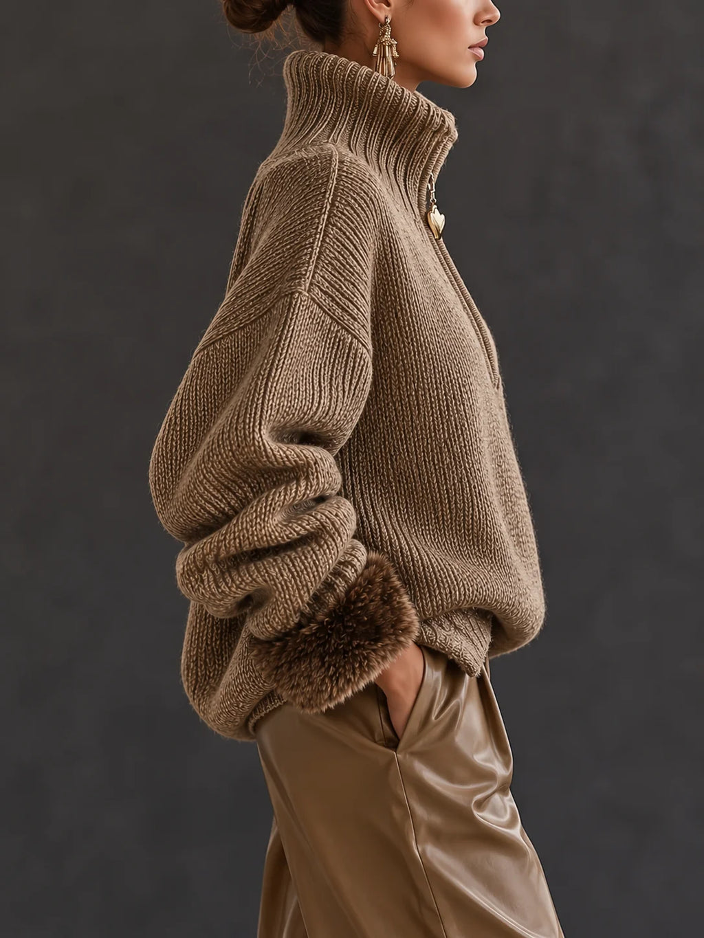 Women's Chunky Knit Jumper | Half-Zip Design, Faux Fur Cuffs, Cozy Warmth 1