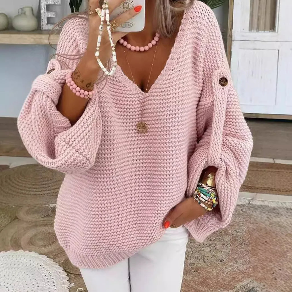 Women's Chunky Knit Jumper | Oversized Fit, Scalloped V-Neck, Lantern Sleeves 0