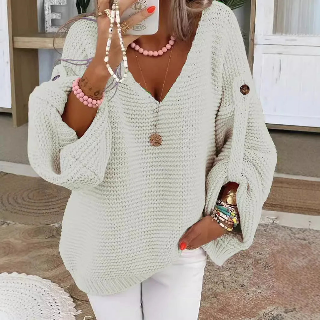 Women's Chunky Knit Jumper | Oversized Fit, Scalloped V-Neck, Lantern Sleeves 5