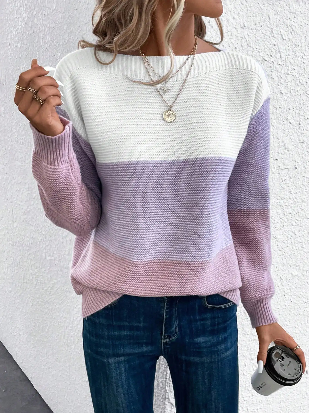 Women's Colour Block Jumper | Relaxed Fit, Boat Neck, Ribbed Cuffs 2