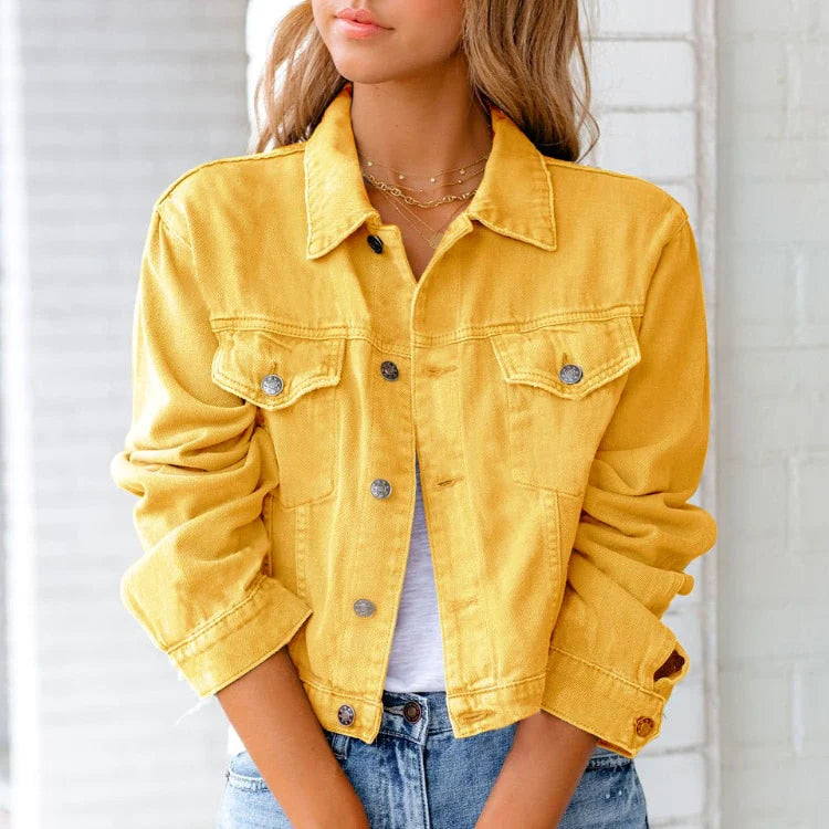 Women's Cropped Denim Jacket | Relaxed Fit, Button-Up Front, Chest Pockets 1