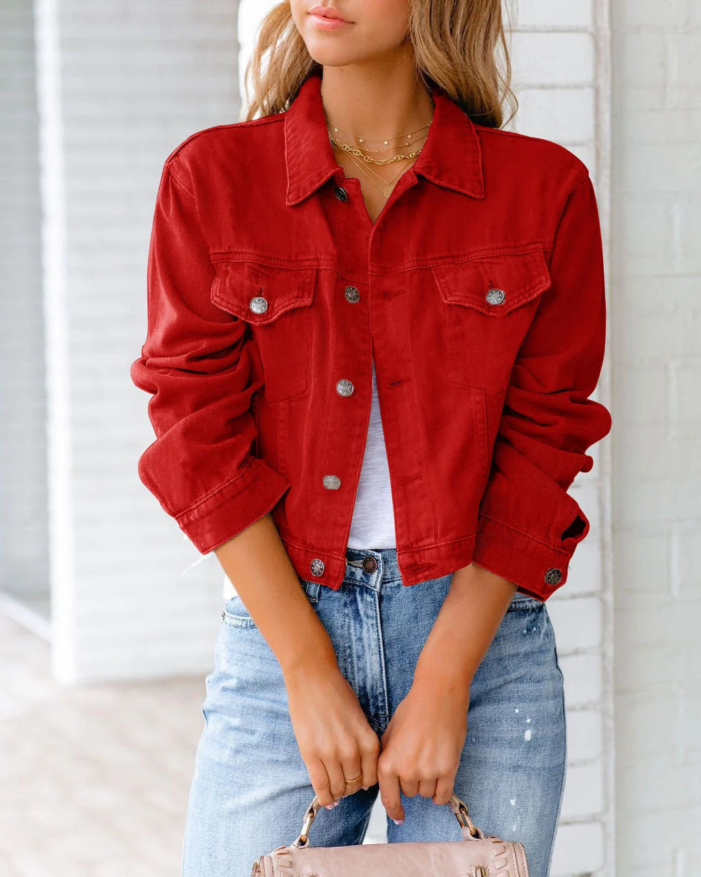 Women's Cropped Denim Jacket | Relaxed Fit, Button-Up Front, Chest Pockets 5