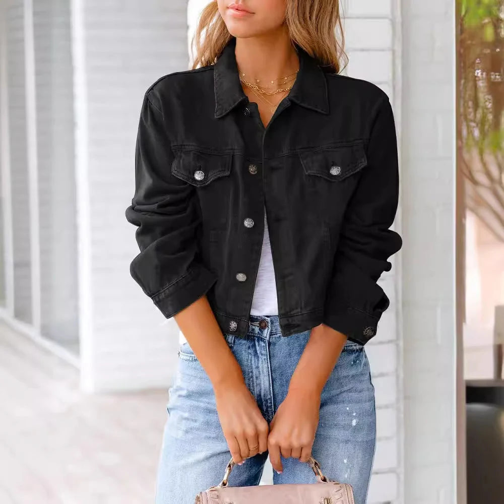 Women's Cropped Denim Jacket | Relaxed Fit, Button-Up Front, Chest Pockets 6