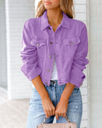Women's Cropped Denim Jacket | Relaxed Fit, Button-Up Front, Chest Pockets 7