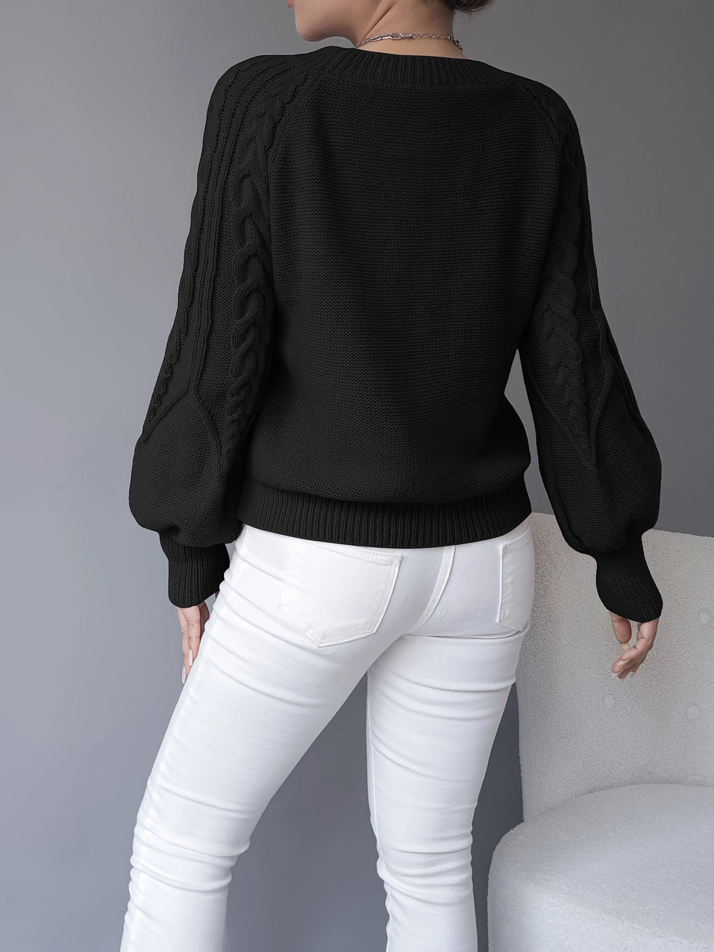 Women's Cropped Jumper | Cable-Knit, Lantern Sleeves, Relaxed Fit 8