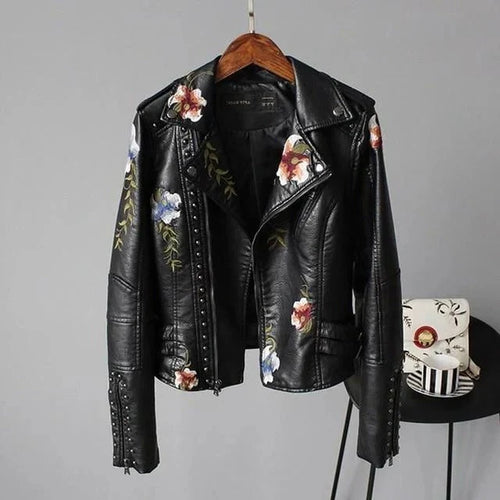 Women's Cropped Leather Jacket | Floral Embroidery, Stud Accents, Adjustable Fit 0
