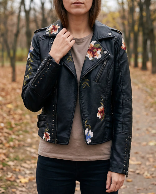 Women's Cropped Leather Jacket | Floral Embroidery, Stud Accents, Adjustable Fit 1