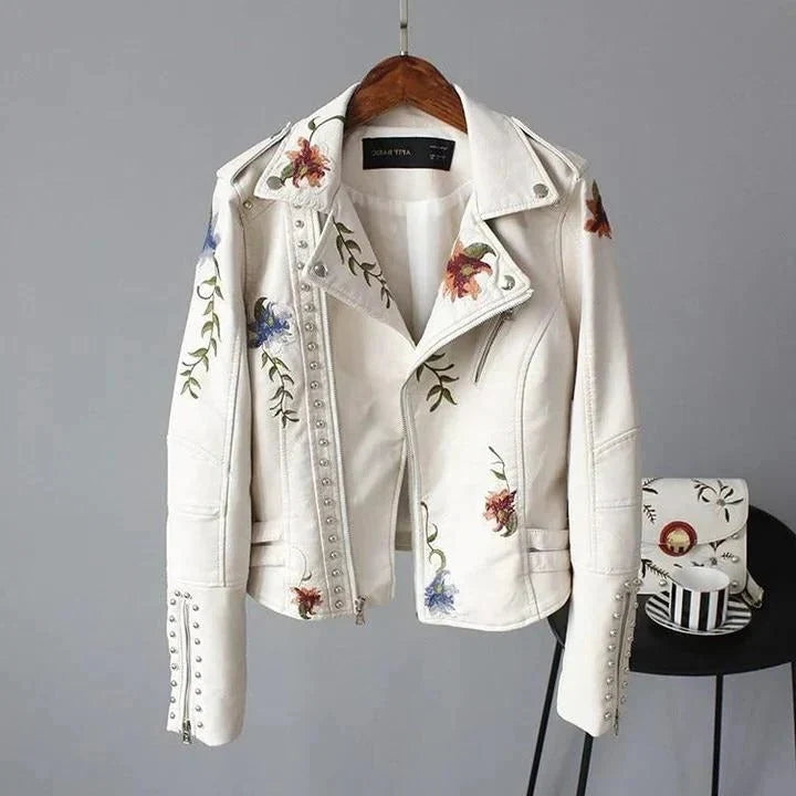 Women's Cropped Leather Jacket | Floral Embroidery, Stud Accents, Adjustable Fit 2
