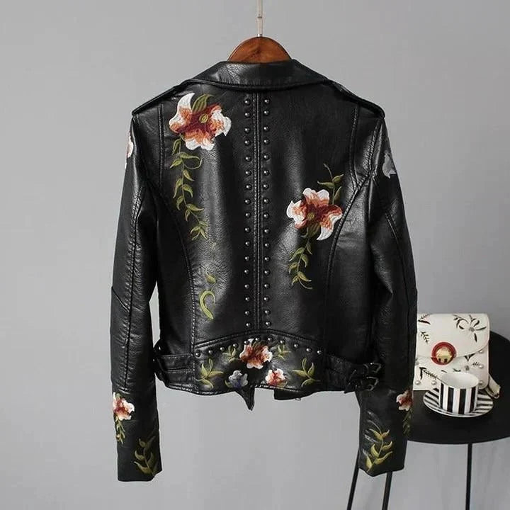 Women's Cropped Leather Jacket | Floral Embroidery, Stud Accents, Adjustable Fit 4