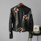 Women's Cropped Leather Jacket | Floral Embroidery, Stud Accents, Adjustable Fit 4