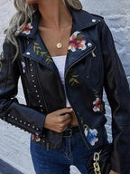 Women's Cropped Leather Jacket | Floral Embroidery, Stud Accents, Adjustable Fit 5