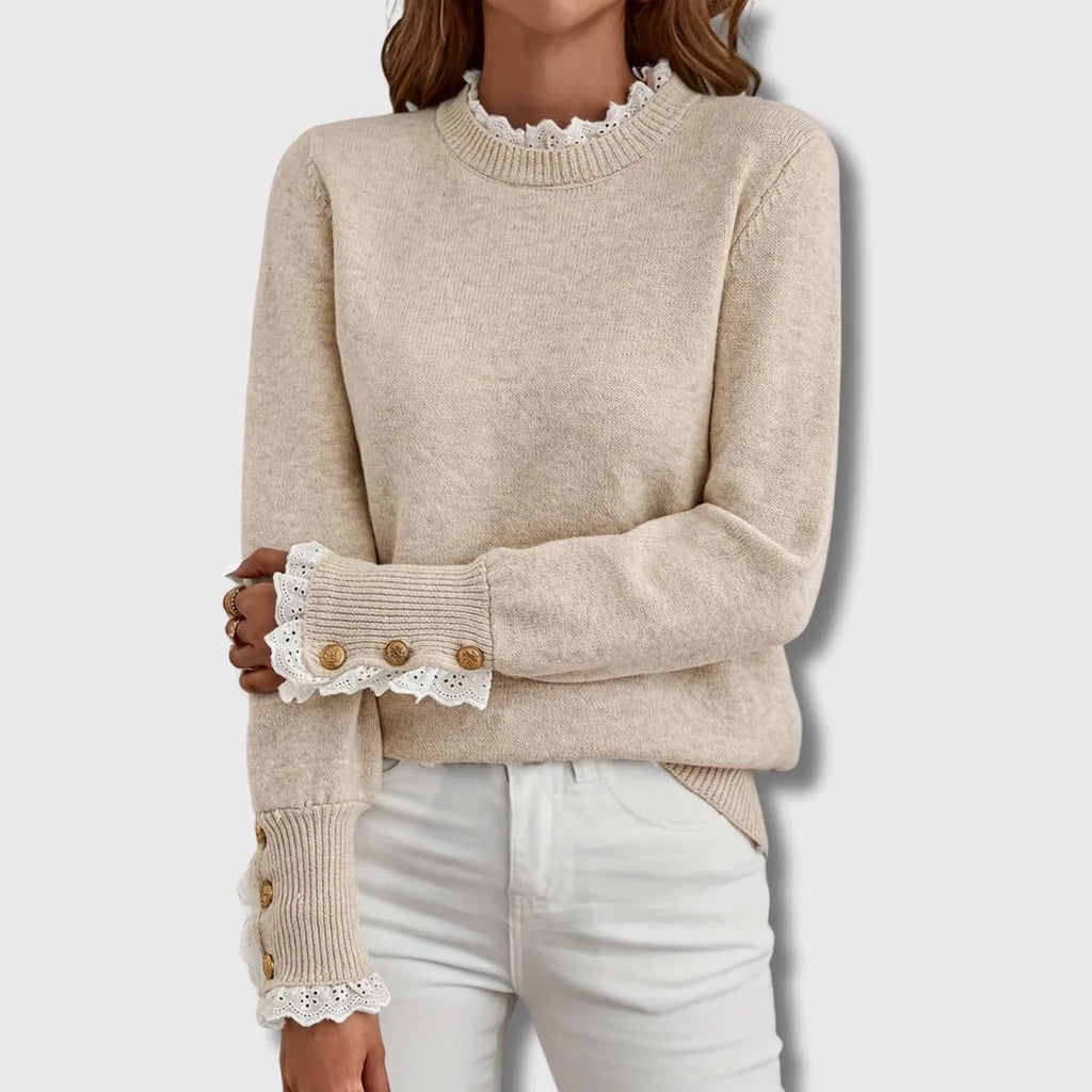 Women's Elegant Jumper | Lace Details, Decorative Buttons, Ribbed Cuffs 0