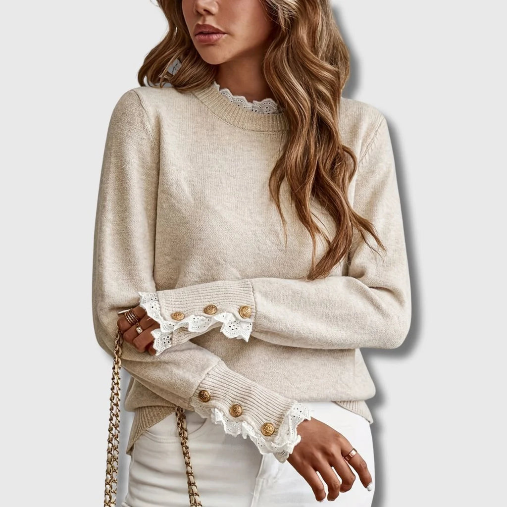 Women's Elegant Jumper | Lace Details, Decorative Buttons, Ribbed Cuffs 3