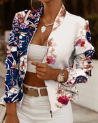 Women's Fitted Bomber Jacket | Floral Print, Zip-Up Front, Ribbed Trim 5