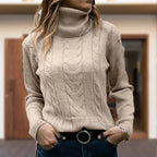 Women's Fitted Cable Knit Sweatshirt | Turtleneck, Ribbed Cuffs, Long Sleeves 3
